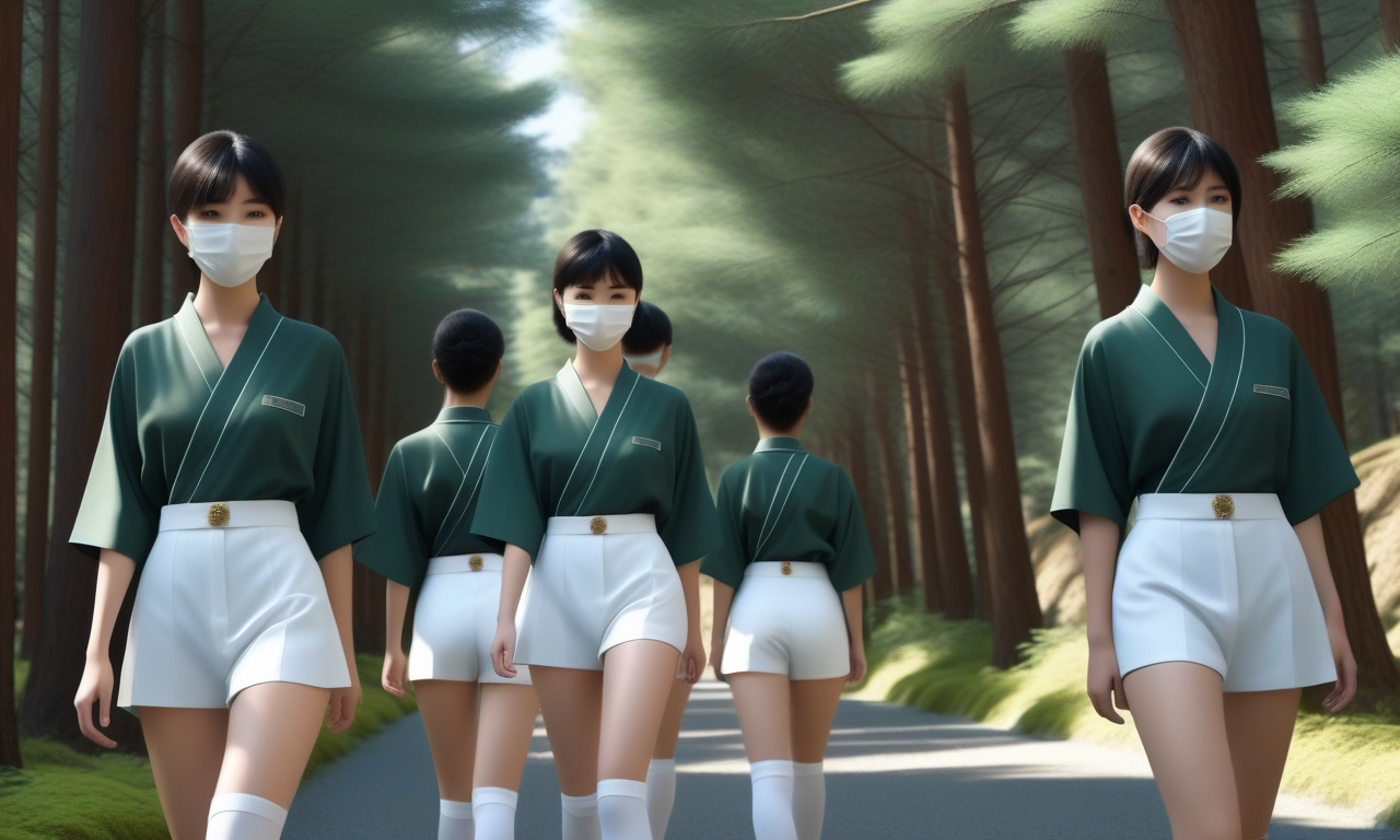 best quality,8k, realistic, masterpiece, RAW photo, some tall Japanese voluptuous short-haired intelligent beautiful girls are walking avenue of cedars.