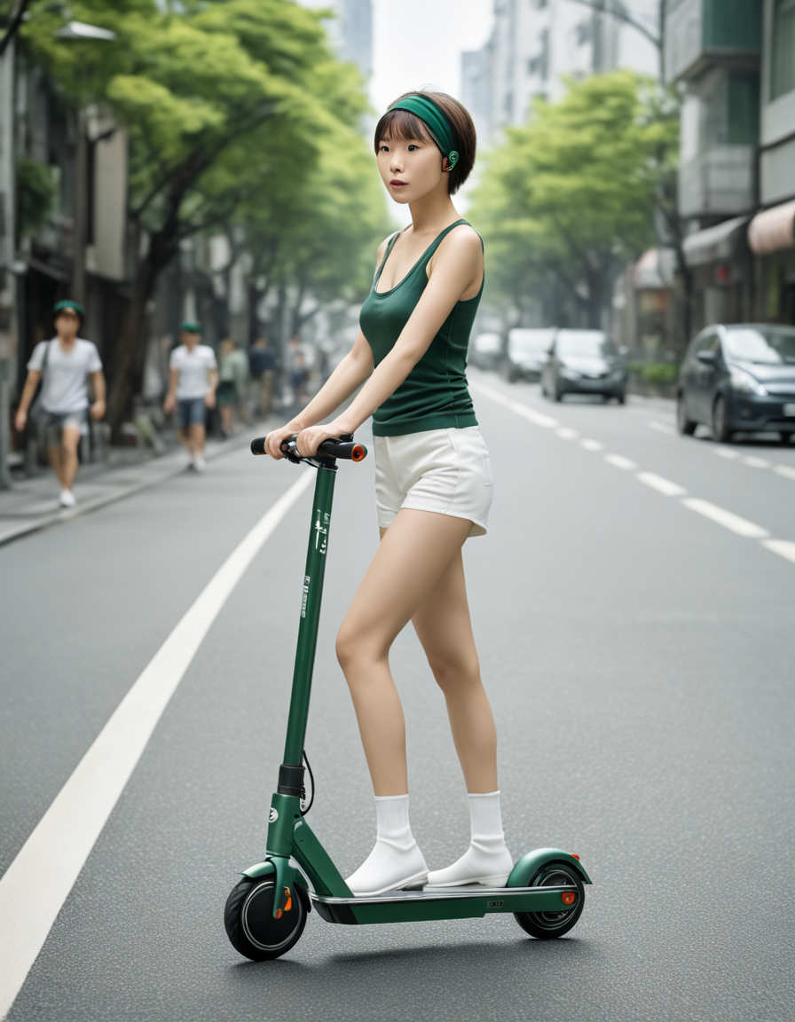 best quality,8k, realistic, masterpiece, RAW photo, side view, a tall Japanese large breasts wide-hipped short bobbed haired intelligent intelligent beautiful girl riding an electric kick scooter and moving quickly on narrow road in the city many walkers are there, wearing ((dark green headbands)), dark green tanktops with a large open chest area, white tight silky hotpants, white boots, long boots.
