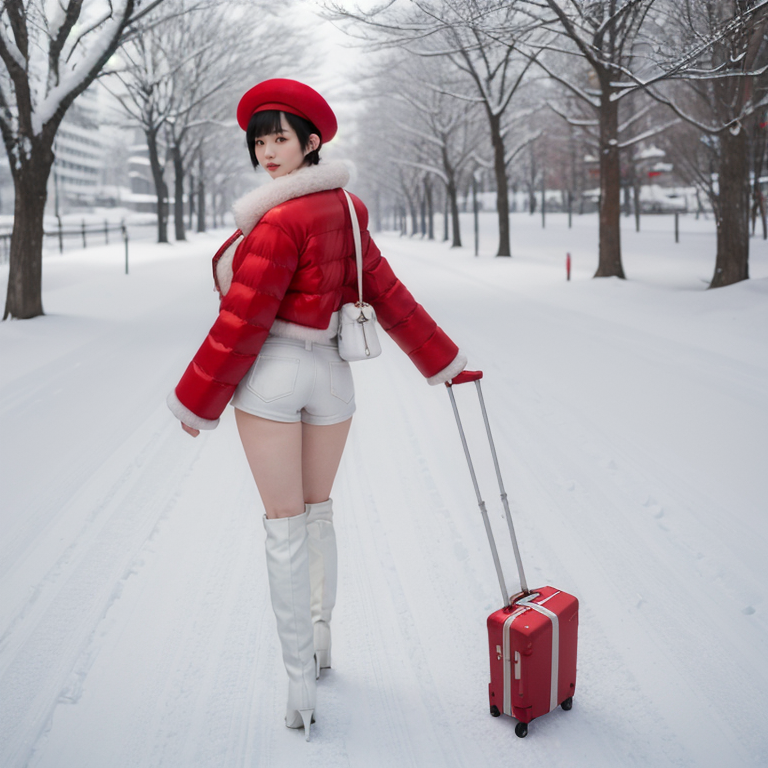 best quality,8k, realistic, masterpiece, RAW photo, a full body portrait of a tall Japanese voluptuous short-haired intelligent beautiful girl taking her large suitcase in winter, wearing white tight silky hotpants, red tanktops, white long boots, red pointy hat, and red fur coat.