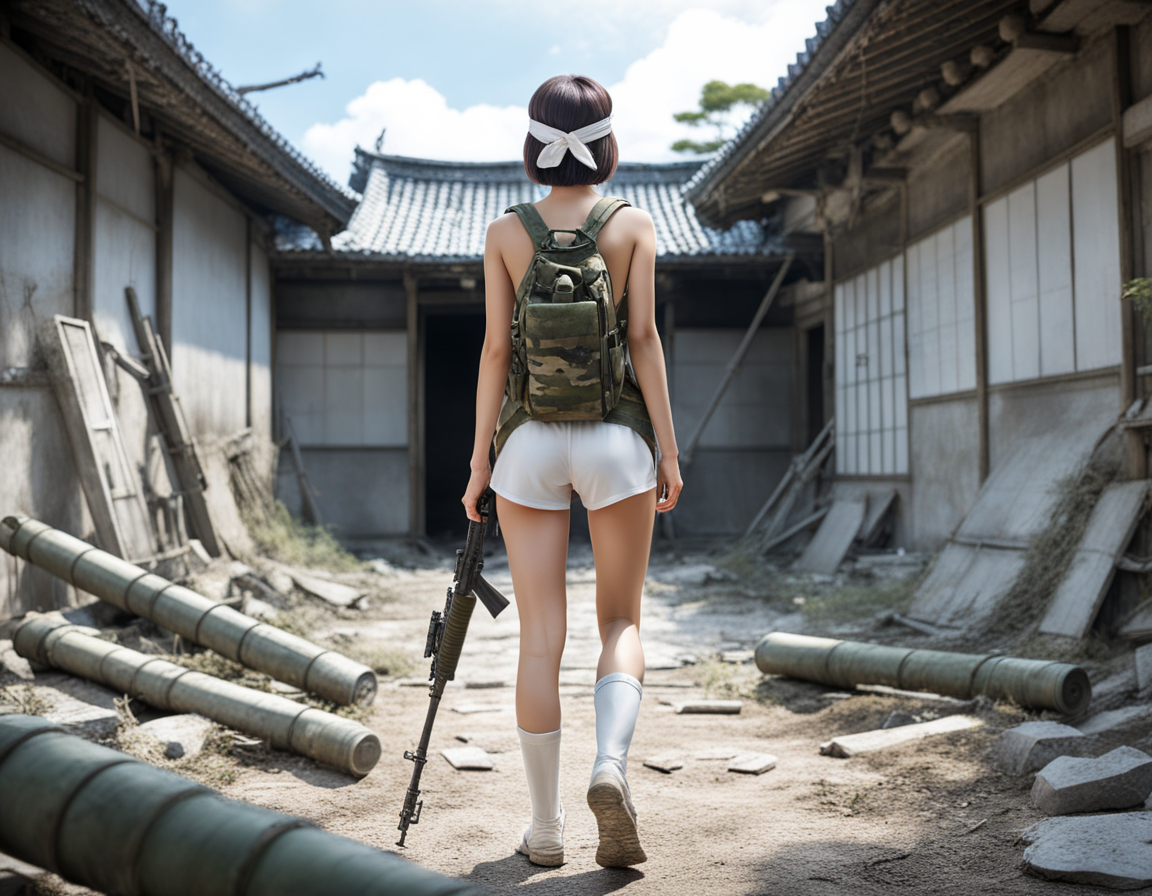 best quality, realistic, RAW photo, back view, a tall ((Japanese)) large breasts wide-hipped short bobbed haired intelligent beautiful girl going to the battlefield in the ruin, wearing ((camouflage headband)), ((camouflage tanktops with a large open chest area)), ((white tight silky hotpants)), ((white long boots)), ((rifle)).