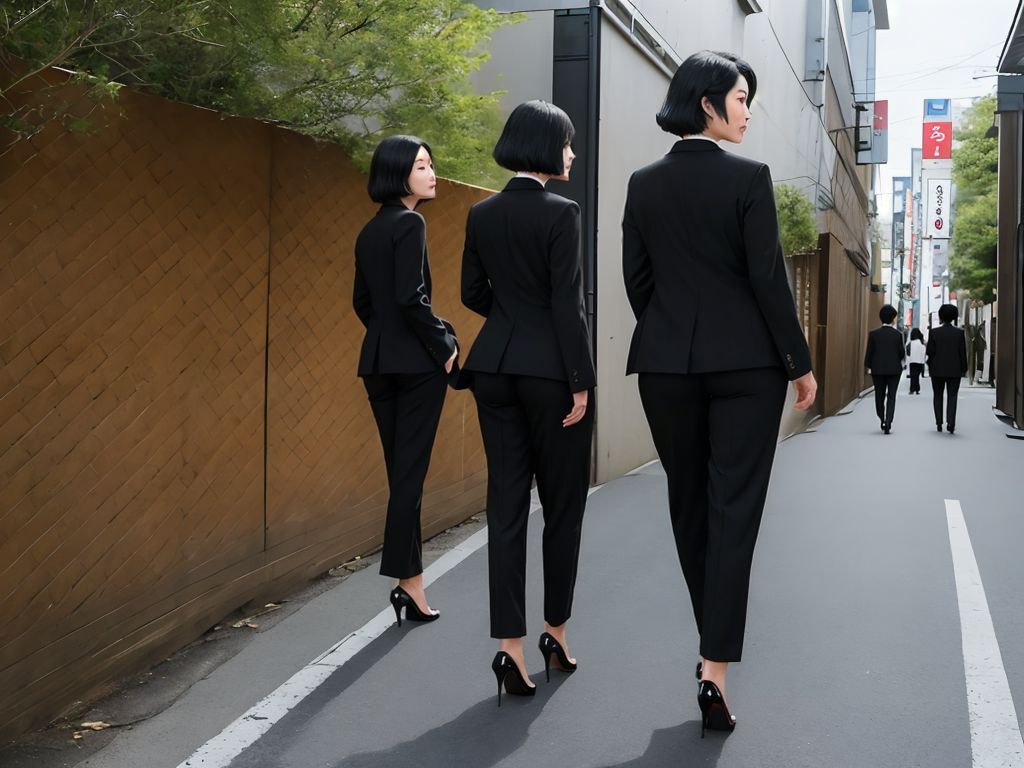 best quality,4k, realistic, masterpiece, RAW photo, back view, tall Japanese voluptuous short-haired intelligent beautiful girls are forming a line and waling very slowly on the narrow way, wearing black pantsuits.