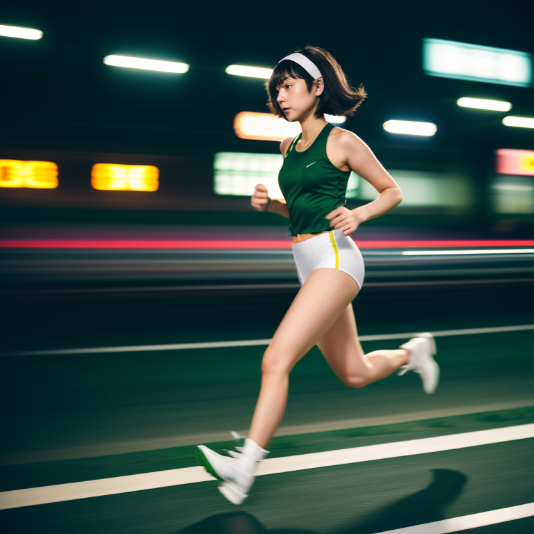 best quality,8k, realistic, masterpiece, RAW photo, side view, full body, a tall Japanese voluptuous short-haired intelligent beautiful girl running very fast in the cyber space at midnight, wearing dark green headband, white tight silky hotpants, dark green tanktops, white long boots.