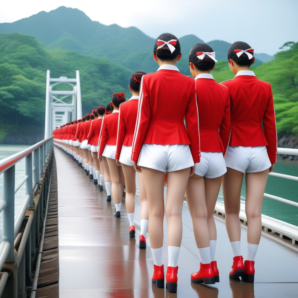 best quality,8k, realistic, masterpiece, RAW photo, tilt back view, many tall Japanese voluptuous short-haired intelligent beautiful girls are standing on long lines and waiting to go to the island on the crowded bridge too long time, bad weather.