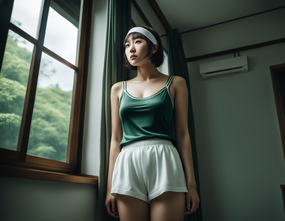 best quality, realistic, RAW photo, low angle shot, a tall ((Japanese)) large breasts wide-hipped short bobbed haired intelligent beautiful girl watching out of the window from a dark room in summer day, feeling sad, cool beauty, wearing ((dark green headband)), ((dark green tanktops with a large open chest area)), ((white tight silky hotpants)), ((white long boots)).