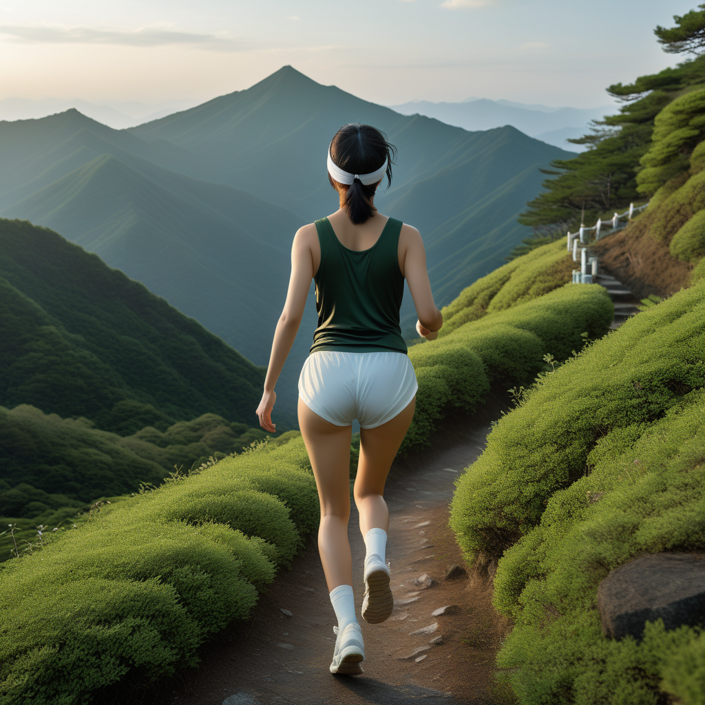 best quality, realistic, RAW photo, back view, a tall ((Japanese)) large breasts wide-hipped short bobbed haired intelligent beautiful girl running on a rugged mountain path to see sunrise in early morning, cool beauty, wearing ((dark green headbands)), ((dark green tanktops with a large open chest area)), ((white tight silky hotpants)), ((white long boots))