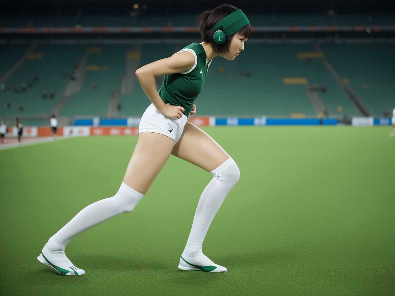 best quality, realistic, RAW photo, side view, extremely detailed, full body, a tall ((Japanese)) large breasts wide-hipped fluffy bob cut intelligent beautiful girl opening their legs back and forward at the start line in stadium, bowing and warming up to run.
