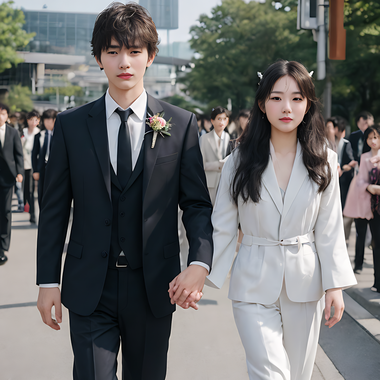 best quality,8k, realistic, masterpiece, RAW photo, 20yo people wearing suits, attending the coming-of-age ceremony in Japan