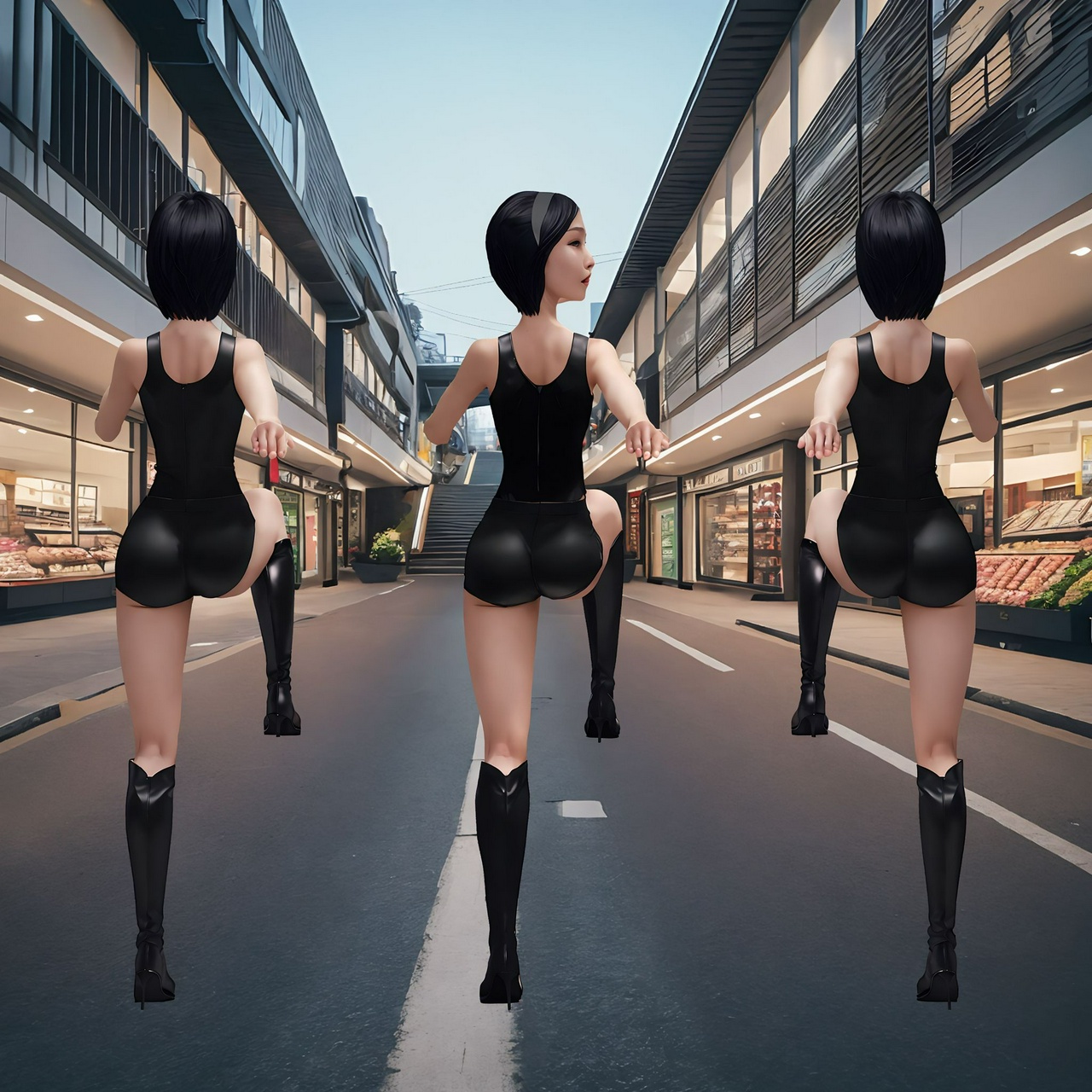 best quality,8k, realistic, masterpiece, RAW photo, back view, Some tall Japanese voluptuous short-haired intelligent beautiful girl walking very slowly.