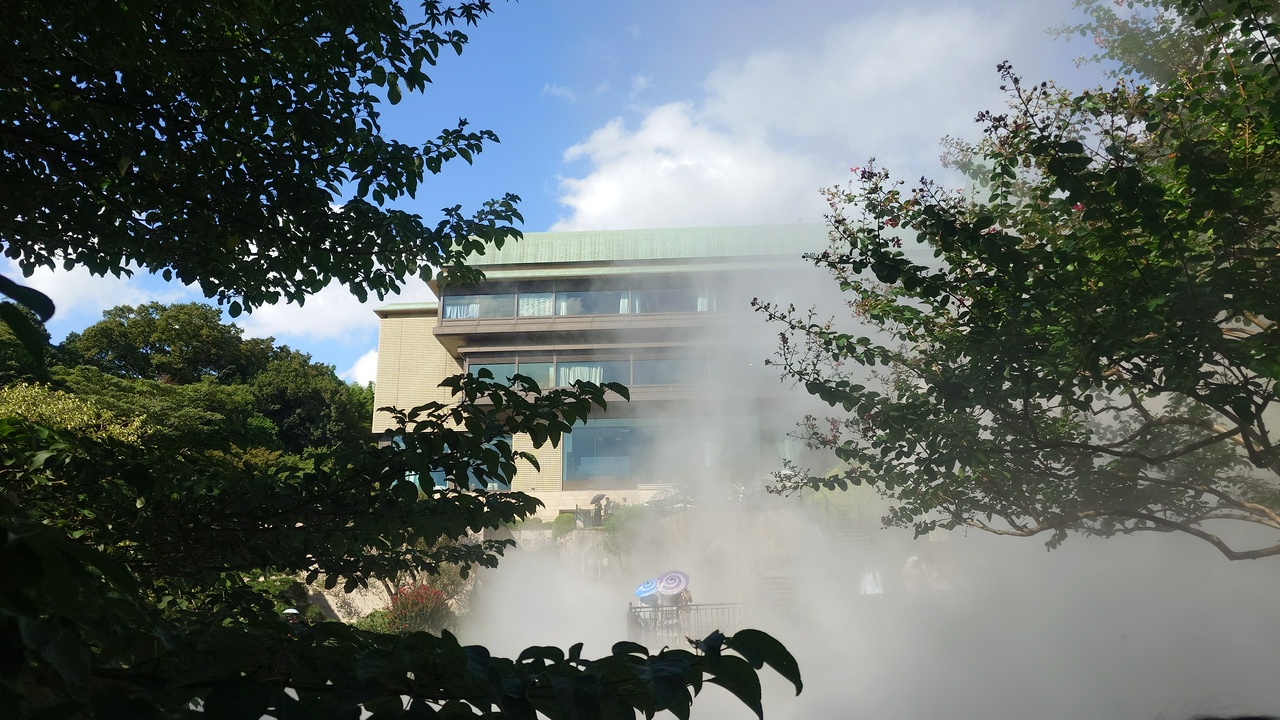 池ではたまにミストの演出がある。