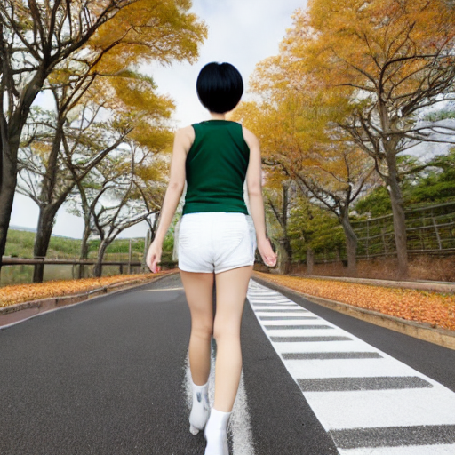very low angle left back view, a tall short-haired large-hipped Japanese girl walking on the road in autumn, wearing white silky hot pants, dark green tank tops, white boots, dark green headband, zoom in her foot.