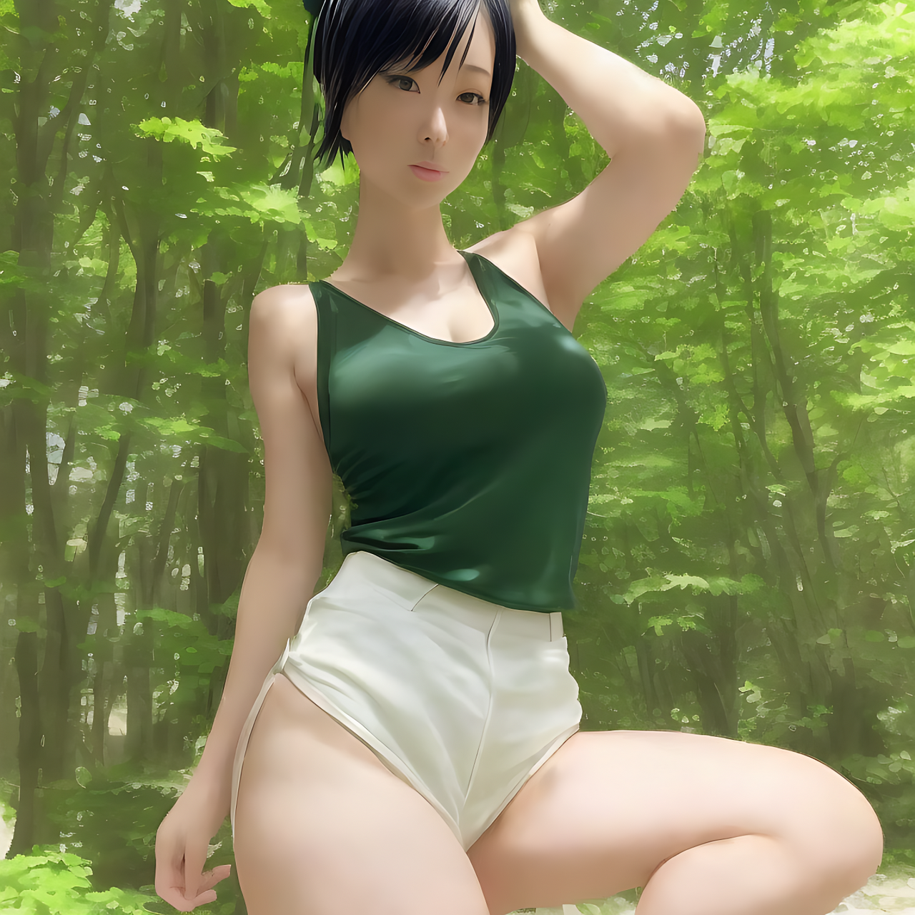Some tall Japanese voluptuous short-haired intelligent beautiful girls are dancing at the national park in early summer.