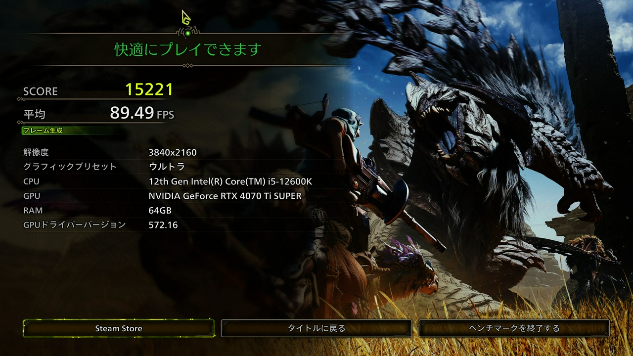 Monster Hunter Wilds Benchmark、メモリ換装後。スコアは15221点。