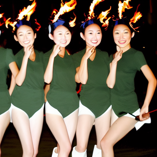 front view, Some tall Japanese voluptuous short-haired intelligent beautiful girls are forming in lines and doing fire twirling and jumping at the dance hall.