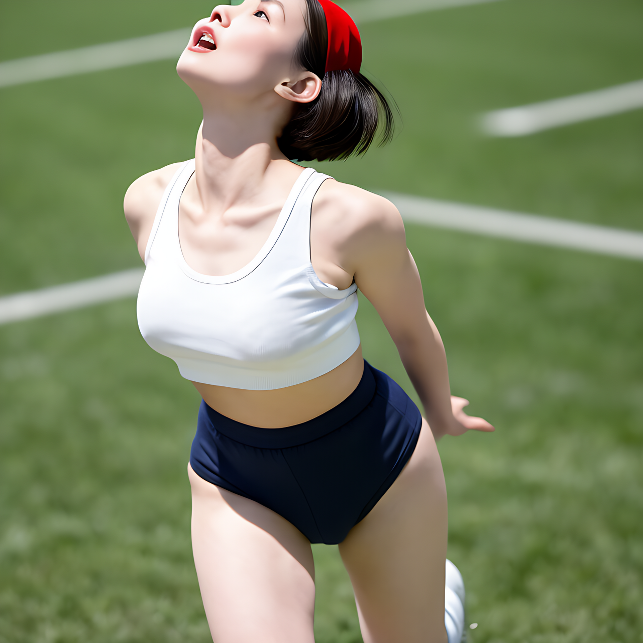 best quality,8k, realistic, masterpiece, RAW photo, a tall Japanese voluptuous short-haired intelligent beautiful girl facing upward because of fierce heat on the school ground, wearing red headband, dark navy gymnastic knickers, white tanktops, white long boots.