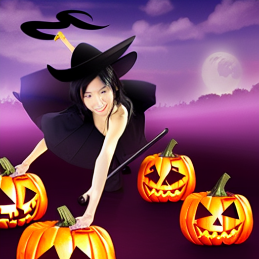 A Japanese young tall witch who wears black pointy hat, purple tank top, black hot pants, black long boots, black overcoat, is using magic to fight against some Jack O'lanterns.