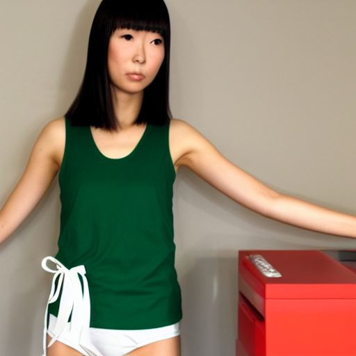 front view, a tall Japanese girl opening her arms and standing in the way to her cashbox to guard it, nervous, wearing white gymnastic knickers, dark green tank tops, white boots, dark green headband.