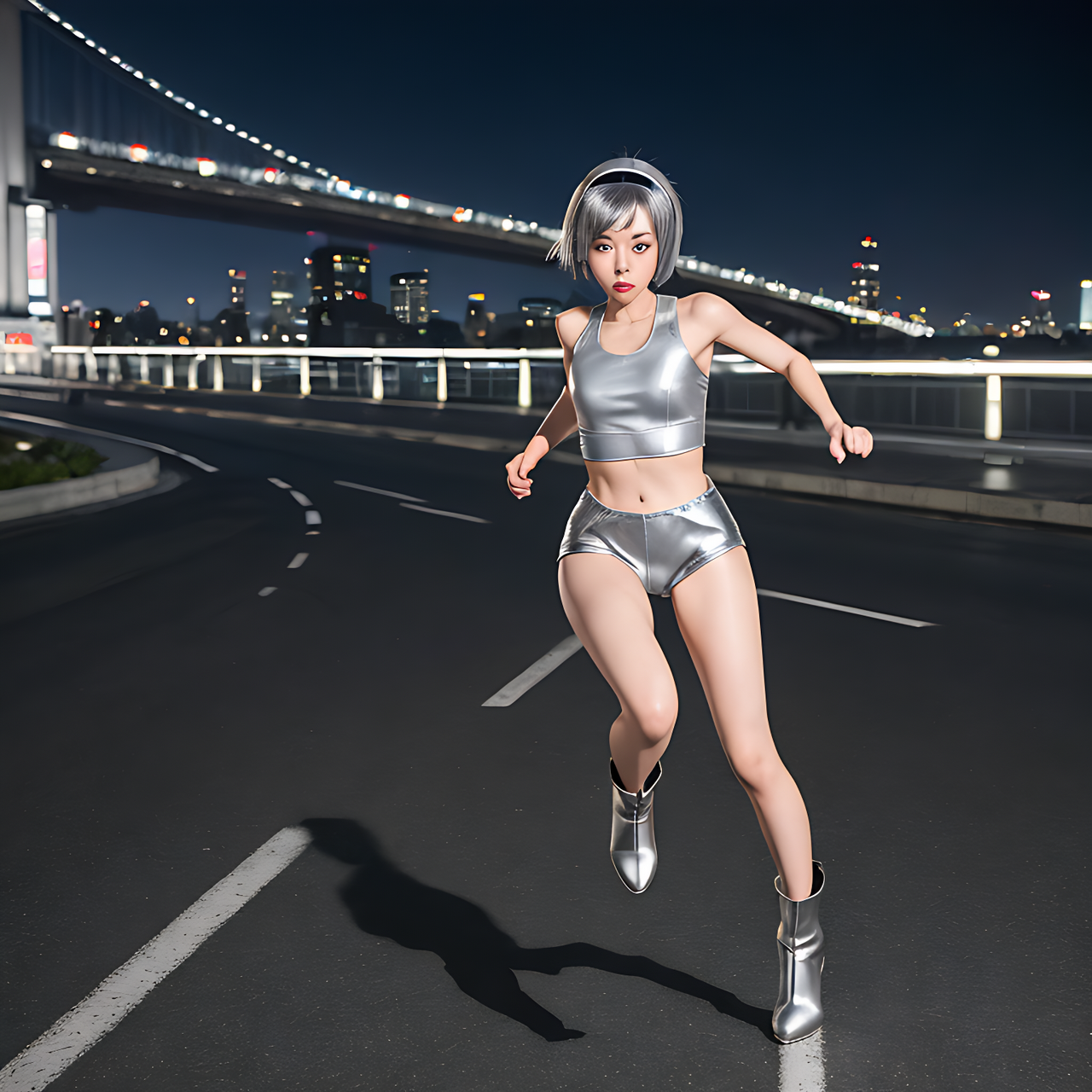 best quality,8k, realistic, masterpiece, RAW photo, high angle shot, full body, a tall Japanese voluptuous short-haired intelligent beautiful girl running very fast in the cyber space at midnight, wearing silver headband, silver tight silky hotpants, silver tanktops, silver long boots.