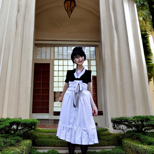 a tall Japanese girl in front of the entrance of her master's mansion, wearing French maid dress.