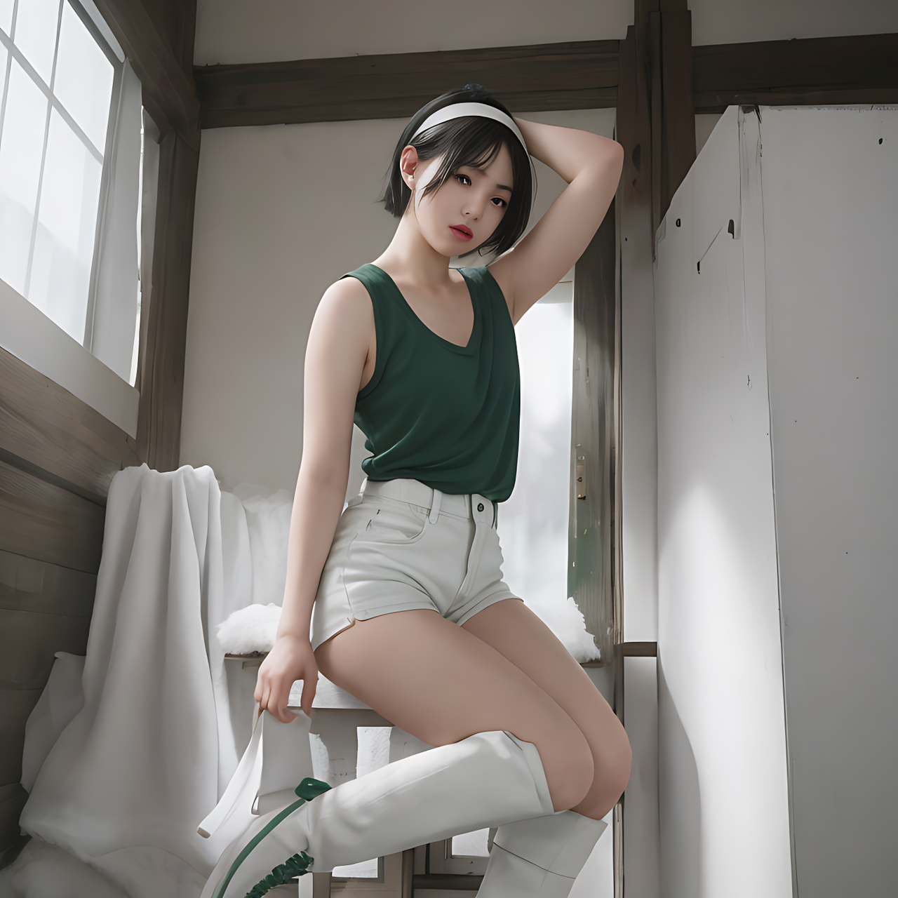 best quality,8k, realistic, masterpiece, RAW photo, front view, a tall Japanese voluptuous short-haired intelligent beautiful girl shaking with cold, wearing dark green headband, white hotpants, dark green tanktops, white long boots.
