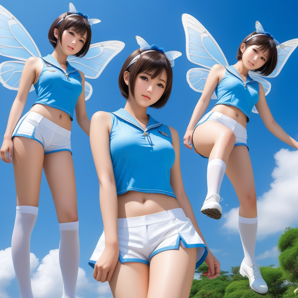 best quality,8k, realistic, masterpiece, RAW photo, Some tall Japanese voluptuous short-haired intelligent beautiful girls with butterflys' wings are flying in the blue sky.