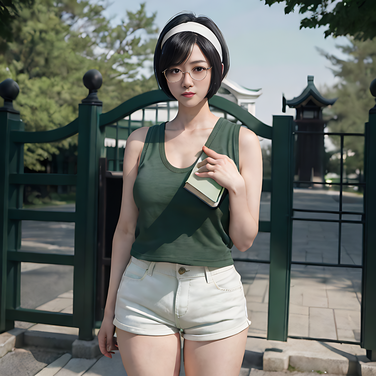 best quality,8k, realistic, masterpiece, RAW photo, a tall Japanese voluptuous short-haired intelligent beautiful girl standing in front of the gate of university, wearing glasses, dark green headband, white tight hotpants, dark green tanktops, white long boots, holding a book.