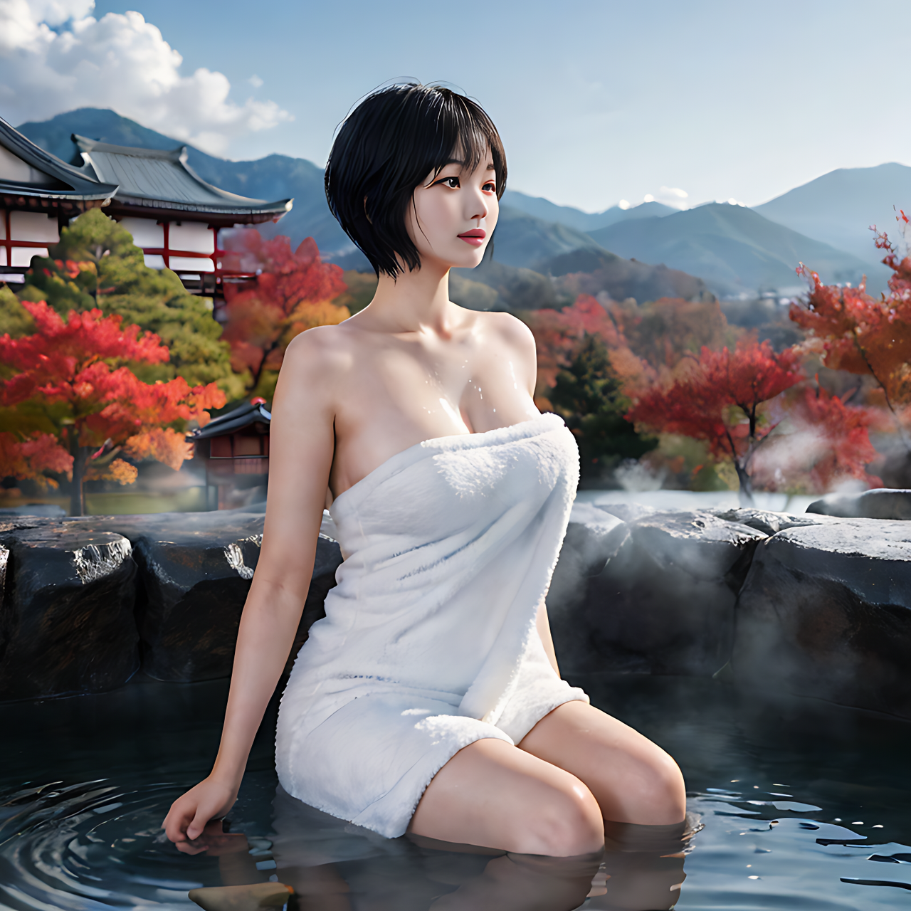 best quality,8k, realistic, masterpiece, RAW photo, a tall Japanese voluptuous short-haired intelligent beautiful girl soaking in the hot spring in autumn, wearing towel.
