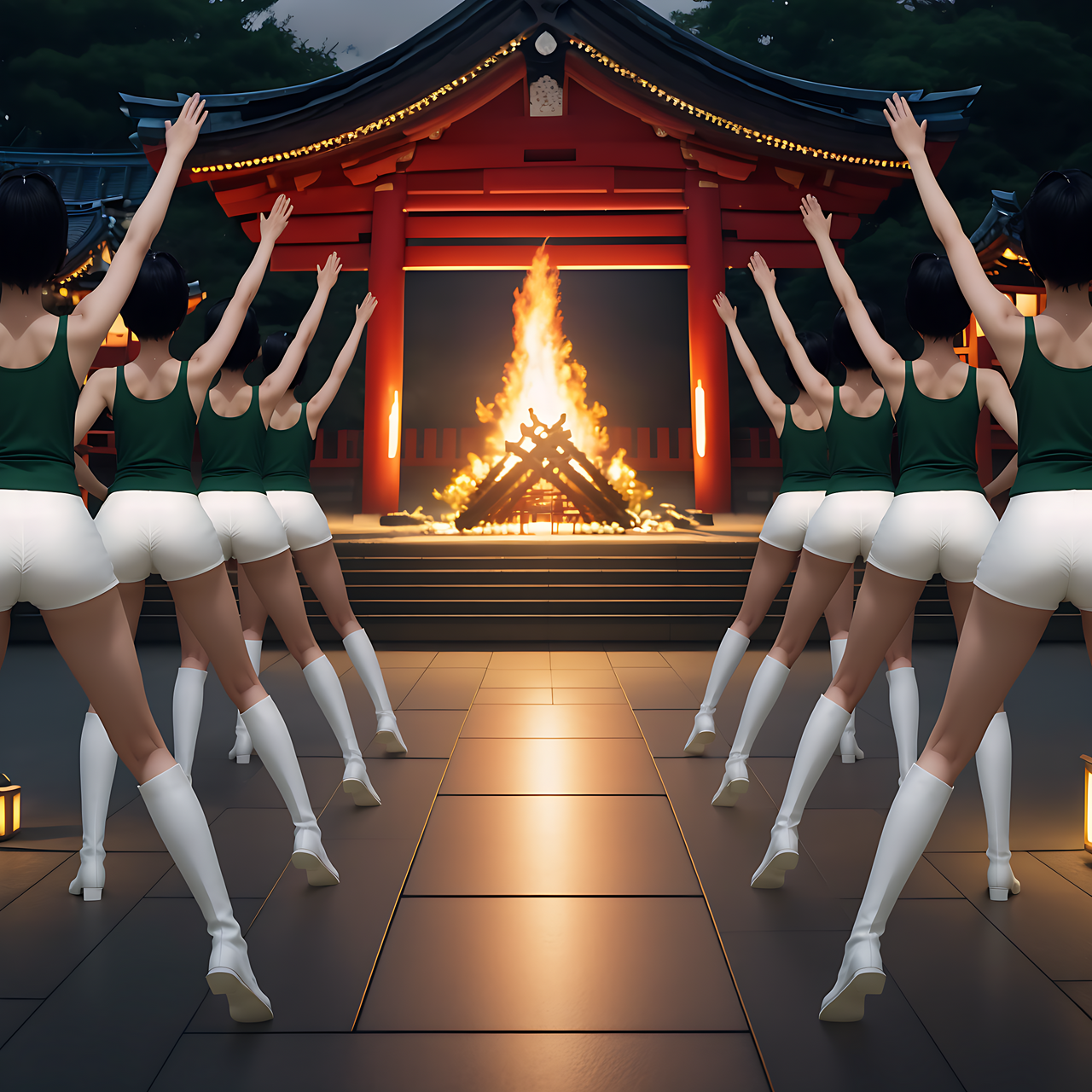 best quality,8k, realistic, masterpiece, RAW photo, back view, Some tall Japanese voluptuous short-haired intelligent beautiful girls are dancing to pray for rain in front of the temple.