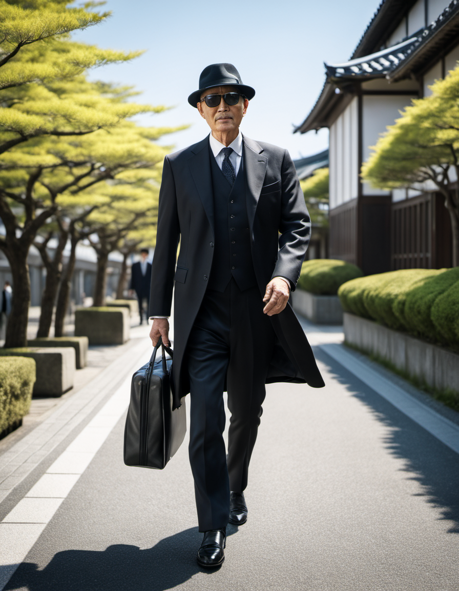 best quality,8k, realistic, masterpiece, RAW photo, front view, a Japanese tall middle-aged dandy man walking in a sunny day, wearing black hat, sun glasses, black suits, black leather shoes.