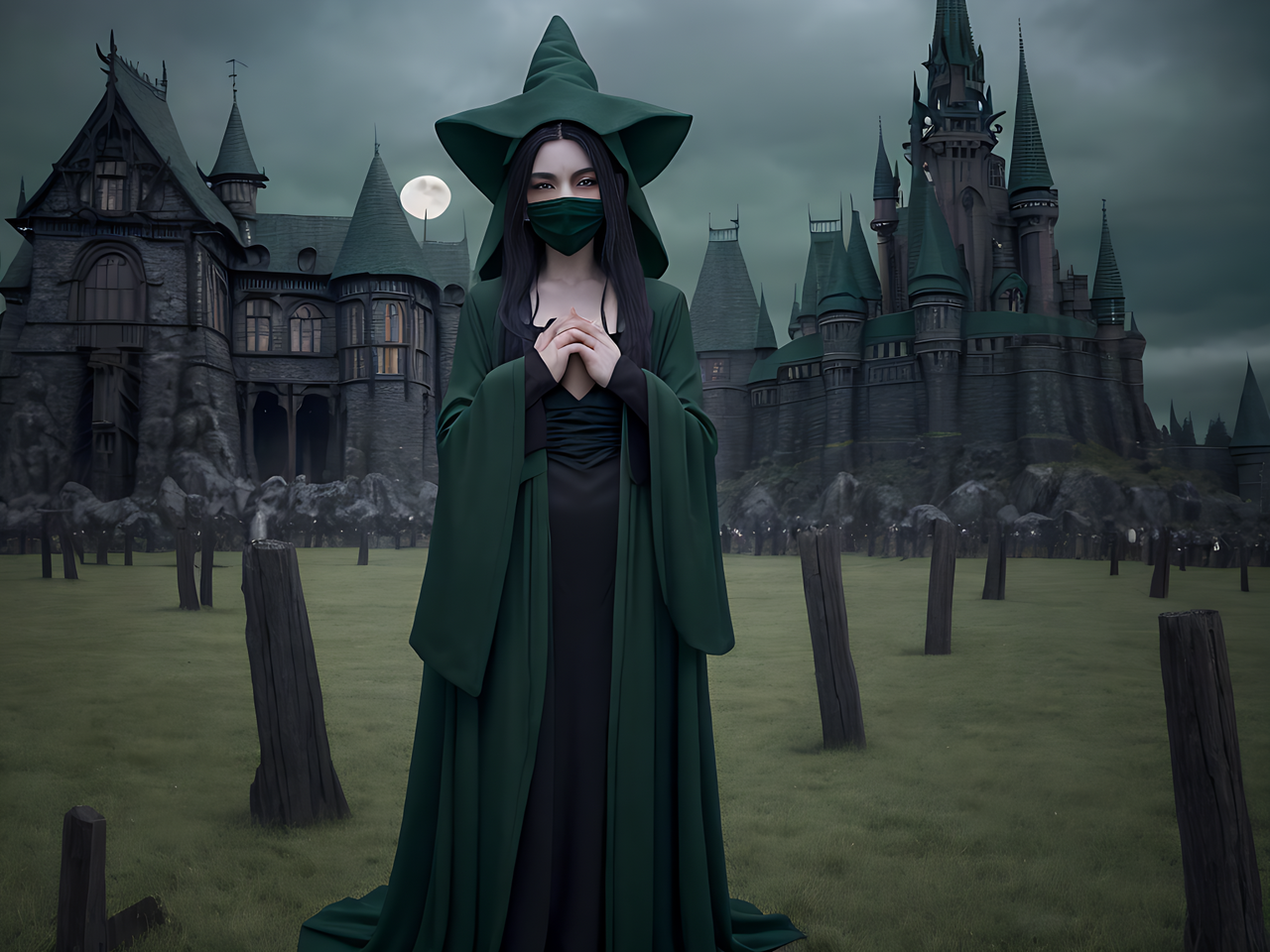 best quality,8k, realistic, masterpiece, RAW photo, wide shot, an evil witch wearing dark green robes, dark green pixie hat, dark green face mask, magic wand, standing in front of the demon castle and being attended by many fiends at midnight.