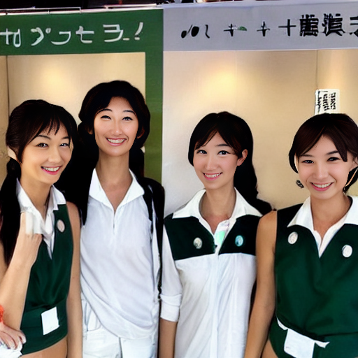 3 tall Japanese companions are standing in the model's pose in front of their company's booth.