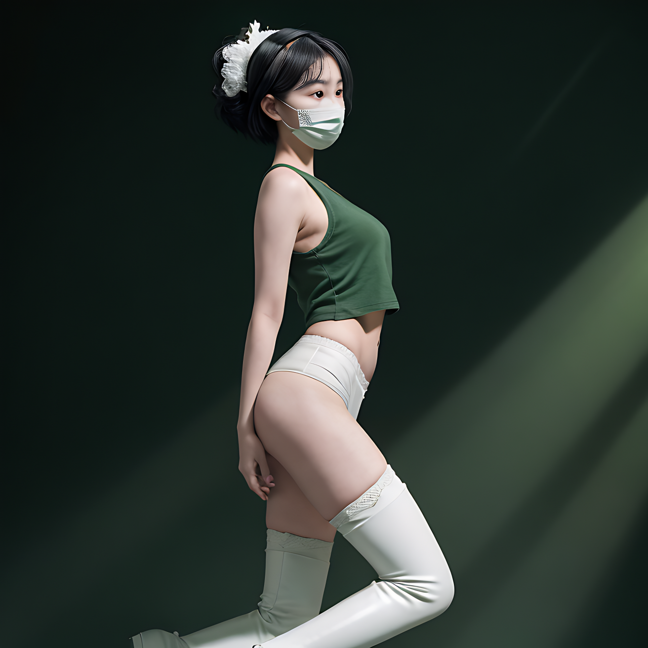 best quality,8k, realistic, masterpiece, RAW photo, front view, a tall Japanese voluptuous short-haired intelligent beautiful girl standing at dark room, green backlight, wearing black flu mask, dark green headband, white gymnastic knickers, dark green tanktops, white long boots,