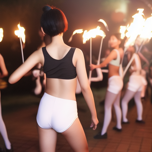 back view, Some tall Japanese voluptuous short-haired intelligent beautiful girls are forming in lines and doing fire twirling at the dance hall.