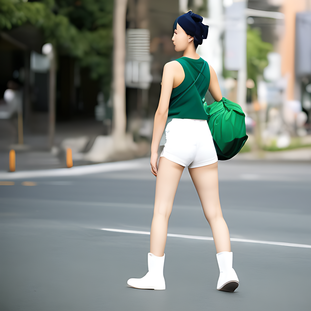 wide shot, back view, a tall Japanese voluptuous short-haired intelligent beautiful girl walking on the street, wearing dark green headband, white tight silky hot pants, dark green tank tops, white long boots.