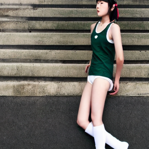a tall Japanese girl caught a cold, wearing white gymnastic knickers, dark green tank tops, white boots, dark green headband.