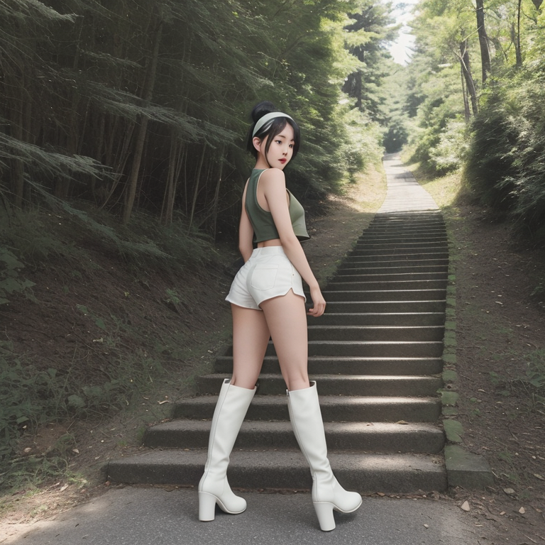 best quality,8k, realistic, masterpiece, RAW photo, back view, full body, a tall Japanese voluptuous short-haired intelligent beautiful girl going up a slope in early summer, wearing dark green headband, dark green tanktops with a large open chest area, white tight silky hotpants, white long boots.