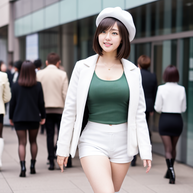 best quality,8k, realistic, masterpiece, RAW photo, low angle shot, a tall Japanese voluptuous short-haired intelligent beautiful girl walking in business district, wearing white jacket, white hat, white tight silky hotpants, dark green tanktops, white long boots.