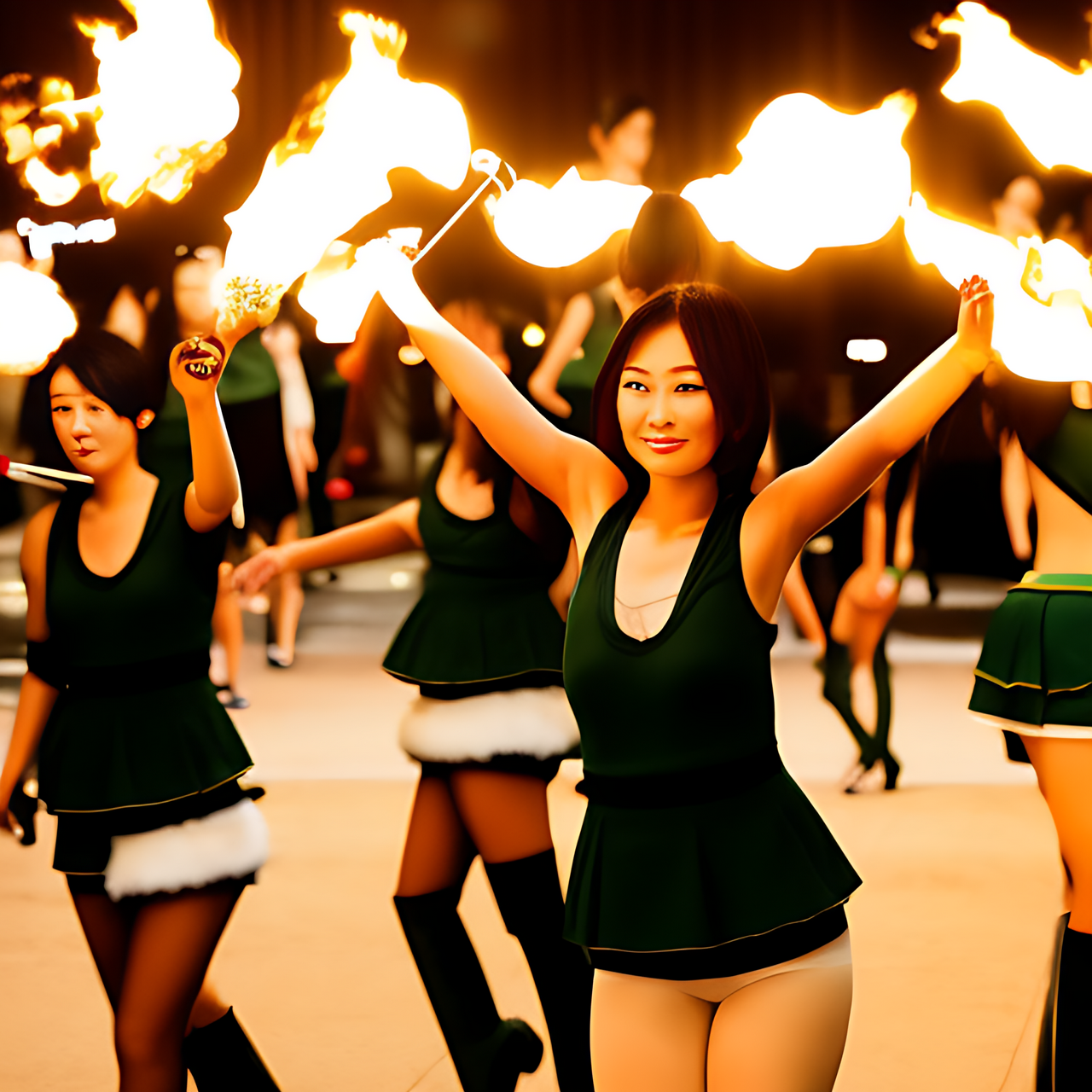 Some tall Japanese voluptuous short-haired intelligent beautiful girls are forming in lines and doing fire twirling and jumping at the dance hall.