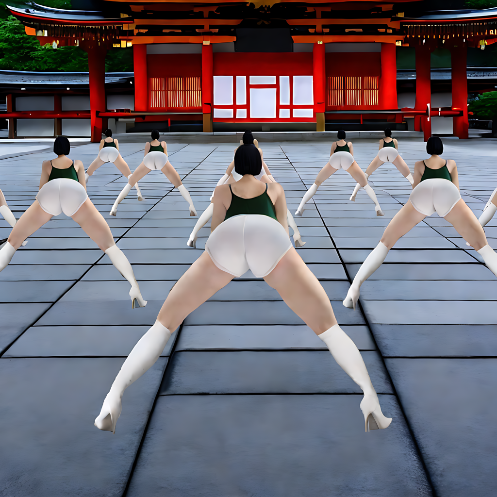 looking down the floor, back view, tall Japanese voluptuous short-haired intelligent beautiful girls are squatting and arms behind head a huge hall before the alter at the shrine in Japan.