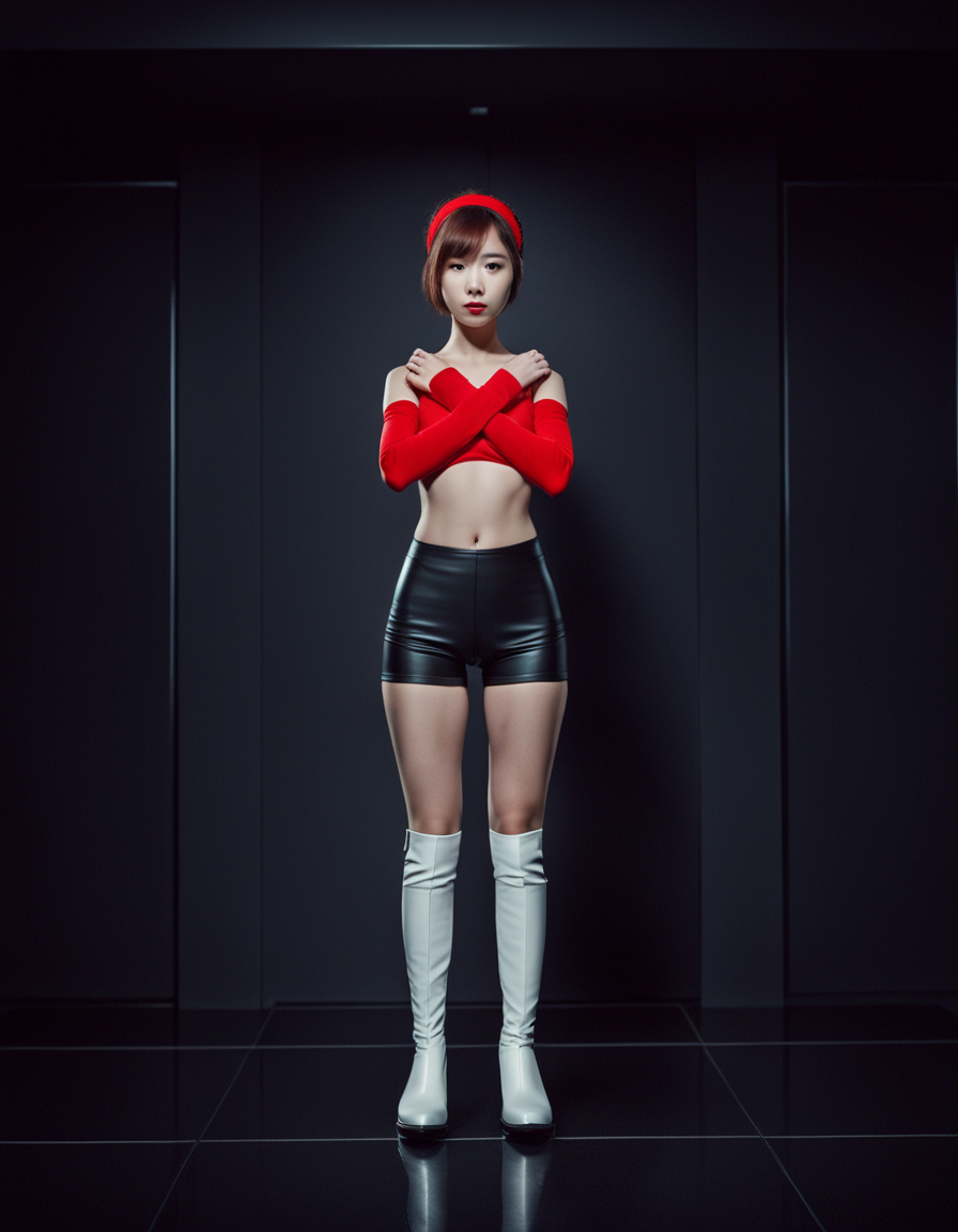 best quality, realistic, RAW photo, front view, extremely detailed, a tall ((Japanese)) large breasts wide-hipped fluffy bob cut intelligent beautiful girls crossing arms in front of the body in the dark room, cool beauty, wearing ((red headbands)), ((red tanktops with a large open chest area)), ((black tight leather hotpants)), ((white knee boots)).