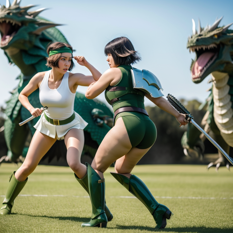 best quality,8k, realistic, masterpiece, RAW photo, full body, a tall Japanese voluptuous short-haired intelligent beautiful girl fighting against a huge dragon on the battle field, wearing dark green headband, white tight hotpants, dark green tanktops, white long boots, broadsword, small shield.