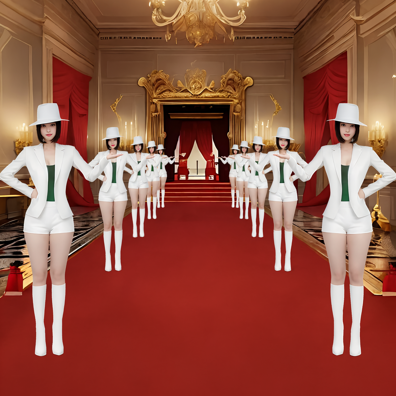 best quality,8k, realistic, masterpiece, RAW photo, front view, tall Japanese voluptuous short-haired intelligent beautiful girls are dancing in front of the Imperial throne.