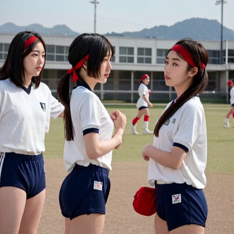 best quality,8k, realistic, masterpiece, RAW photo, side view, Many tall Japanese voluptuous short-haired intelligent beautiful girls are standing in rows on the school ground.