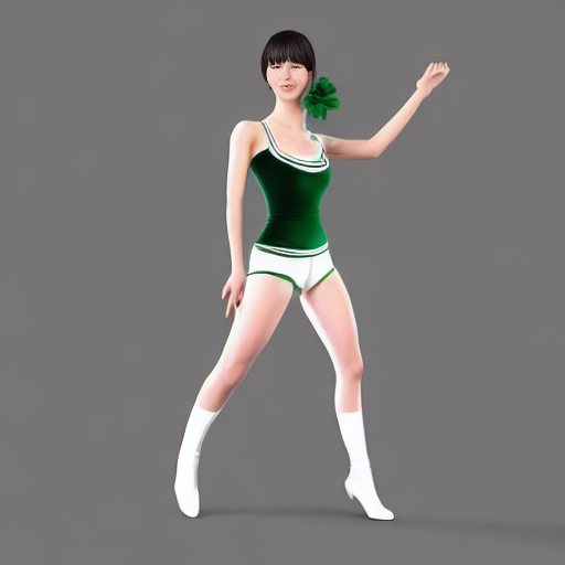 （錬成後比較的マシだったものその1）a full body portrait of a tall Japanese voluptuous short-haired intelligent beautiful girl opening legs in front and behind like running and bending waist at the dance hall, wearing dark green headband, white gymnastic knickers, dark green tank tops, white long boots, white long boots., CGI