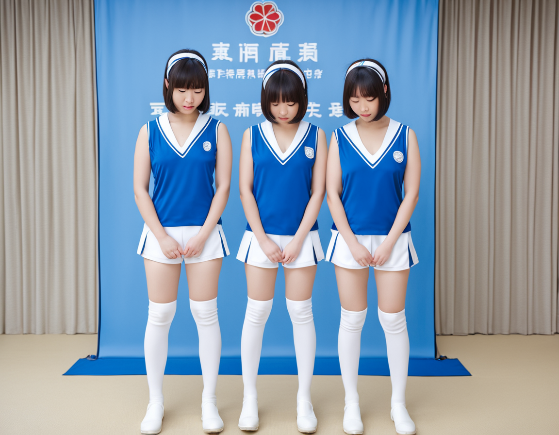 best quality, realistic, RAW photo, front view, full body, 3girls, tall Japanese voluptuous fluffy bob cut intelligent beautiful girl are apologizing deeply and bowing their head in press conference, cool beauty.