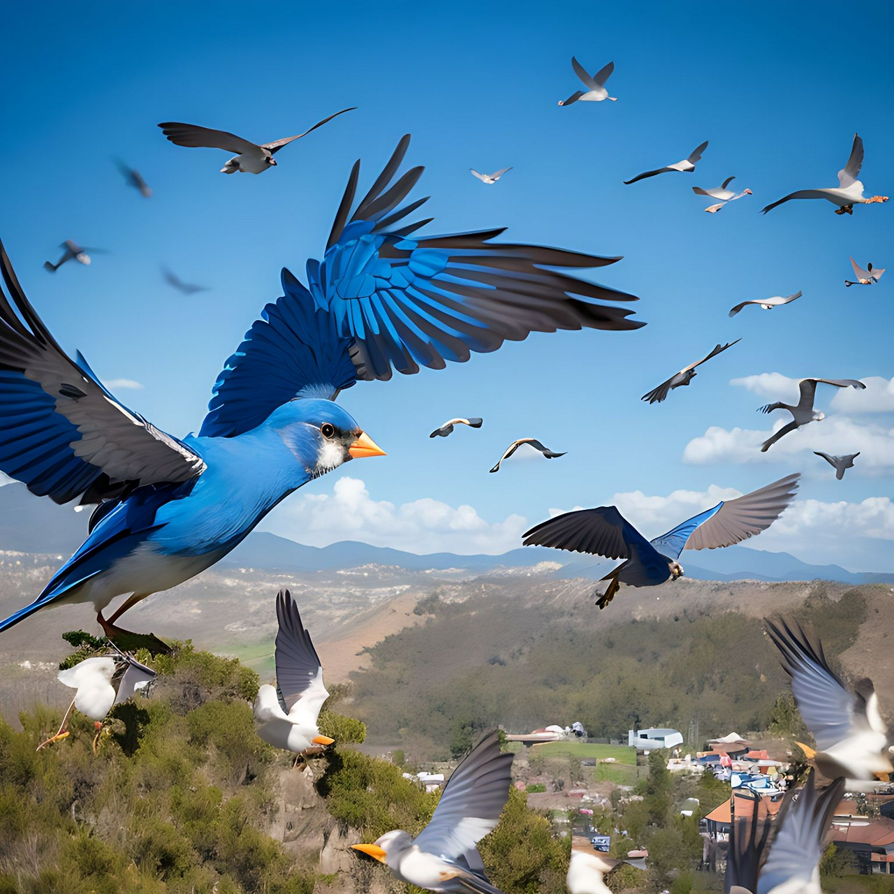 best quality,8k, realistic, masterpiece, RAW photo, a lot of blue birds flying