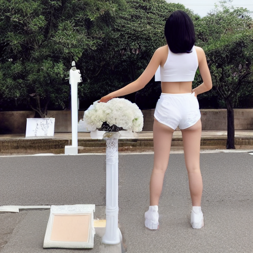 back view, A tall Japanese voluptuous short-haired intelligent beautiful girl praying in front of the alter, wearing white headband, white hot pants, white tank tops, white long boots.