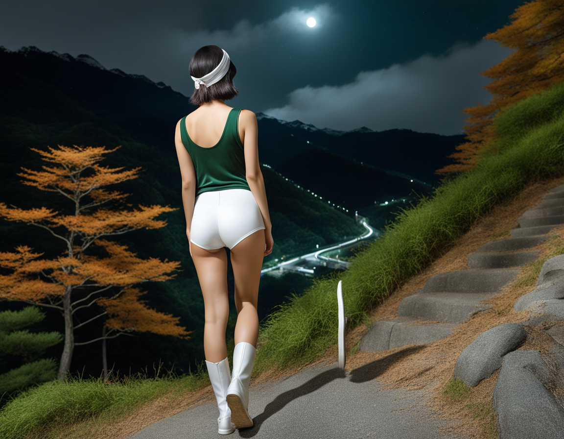best quality, realistic, RAW photo, back view, full body, a tall ((Japanese)) large breasts wide-hipped short bobbed haired intelligent beautiful girl going up a slope in autumn at midnight, cool beauty, wearing ((dark green headbands)), ((dark green tanktops with a large open chest area)), ((white tight silky hotpants)), ((white long boots)).