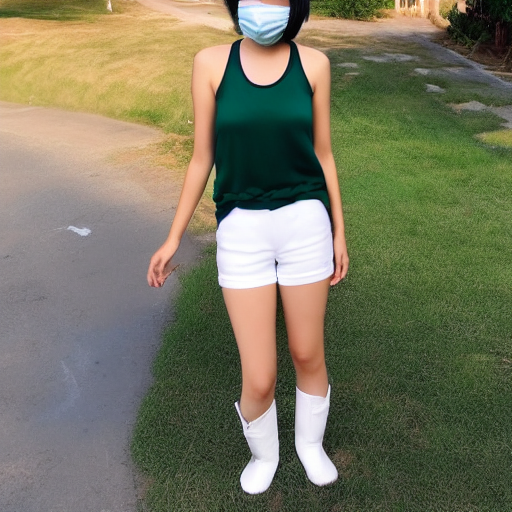 a tall Japanese voluptuous short-haired intelligent beautiful girl, wearing dark green mask, dark green headband, white silky hot pants, dark green tank tops, white long boots.