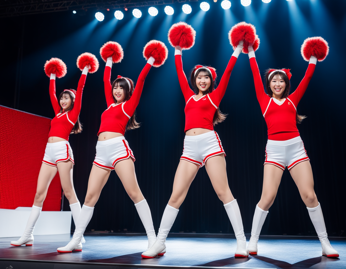 best quality, realistic, RAW photo, side view, extremely detailed, full body, 3girls, tall Japanese voluptuous fluffy bob cut intelligent beautiful cheerleaders dancing hard on stage, exciting, cool beauty, holding red pompons on both hands, wearing ((red headbands)), ((red tanktops with a large open chest area)) tucked in ((white tight silky hotpants)), ((white knee boots)).
