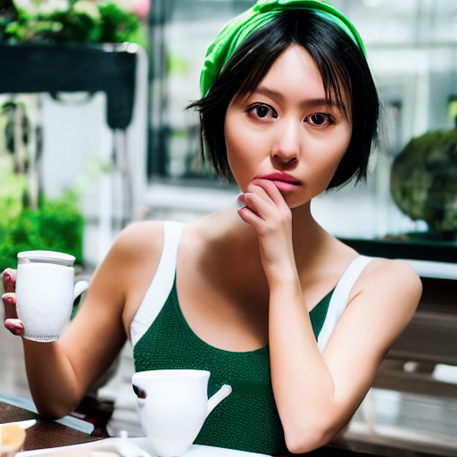 a tall Japanese voluptuous short-haired intelligent beautiful girl drinking tea at cafe, wearing dark green headband, white hot pants, dark green tank tops, white long boots.